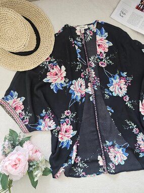 Meraki Black Floral Boho Kimono Cardigan with Embroidered Trim Small